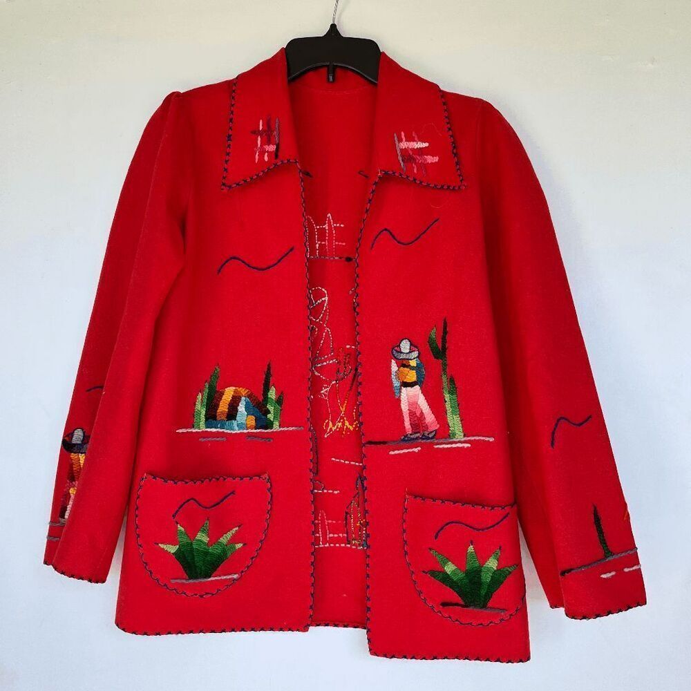 VTG 1940s Mexican Embroidered Wool Jacket Hand-Dyed Yarn, Folk Art, Red Wool S - Picture 15 of 15